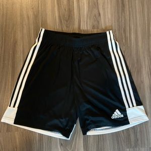 Adidas Men’s active shorts, size M, 7” inseam, black/white, pocketless